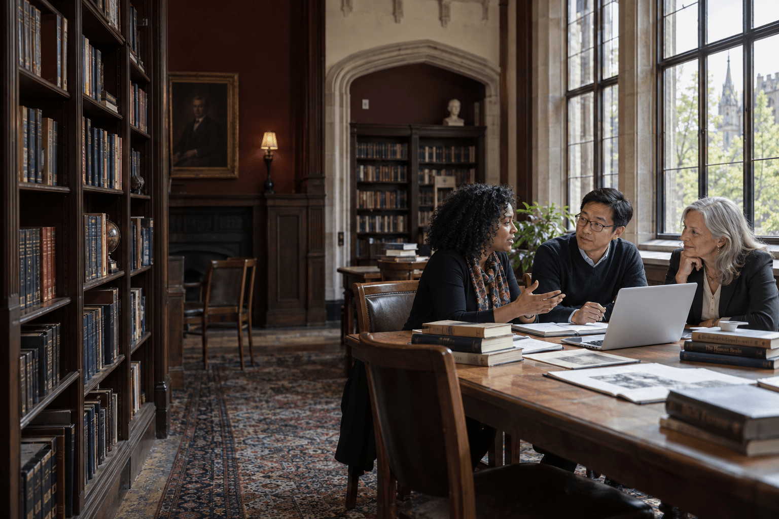 Three scholars discussing their research in a sunlit university library