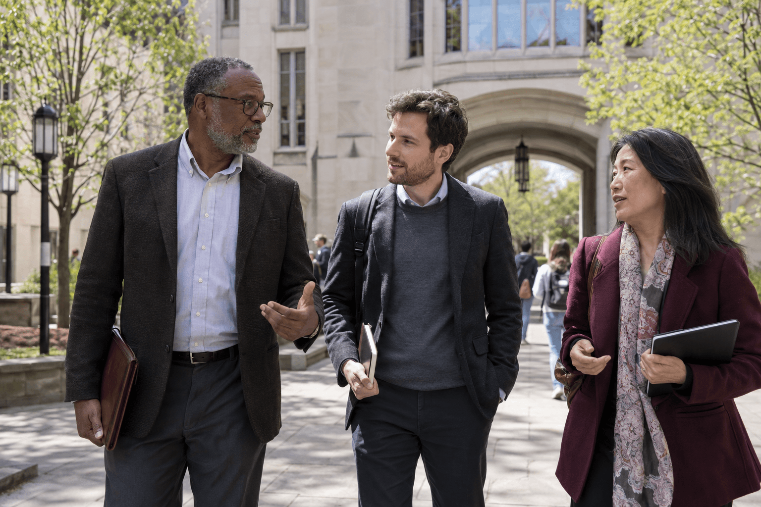 Scholars sharing ideas as they walk through a university courtyard